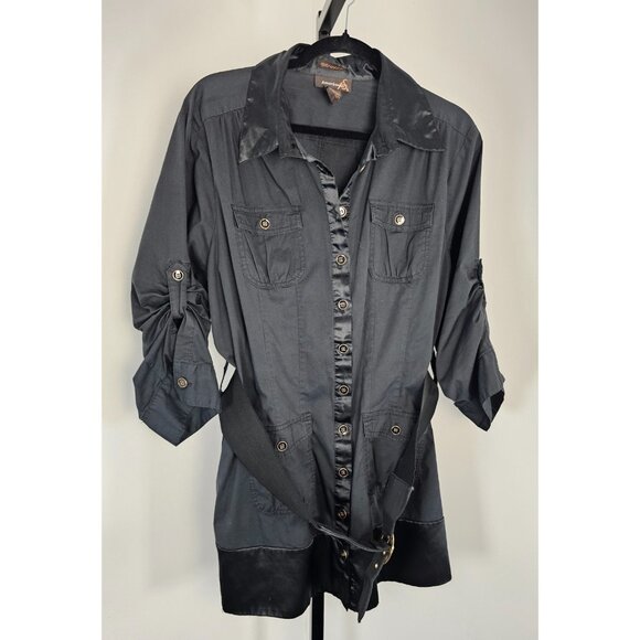 Ashley Stewart Button Down Tunic Shirt With Belt - Black - Size 18 - Picture 1 of 10